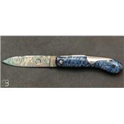 Couteau de poche Milan 12 cm Loupe de tilleul bleue et damas par J. Mongin