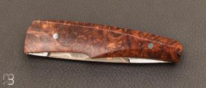Couteau  "  custom " loupe d'Amboine stabilisée et damas San-Maï Carbone Cuivre par Alain & Joris Chomilier