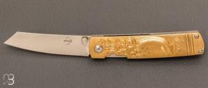 Bker Plus Tenshin knife Brass and VG10 engraved by Mali Irie "Wave and Fujiyama" pattern