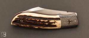 Couteau " Wharncliffe " custom pliant par Milan Mozolic - Cerf sambar / damas et W2