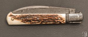    Couteau " Yssingeaux " custom de Jérôme Bellon - Bois de cerf et damas