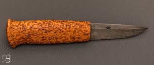 Couteau " puukko " custom Nordique de Laurent Juhel - Bouleau madré et lame damas de Samuel Lurquin
