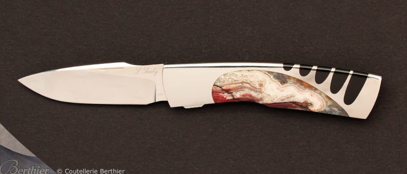 Fire Agate Killdeer interframe folding knife by Scott Sawby