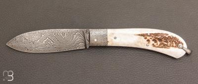 Couteau "  Bombé " custom de Jérôme Bellon - Bois de cerf et damas