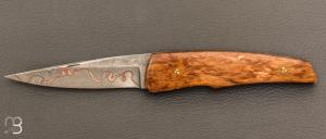  Couteau " custom " Bouleau madré stabilisé et damas San-Maï Carbone Cuivre par Alain & Joris Chomilier