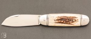  Couteau  "  Bouledogue " custom de Jérôme Bellon - Bois de cerf et lame en RWL34