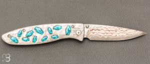  Couteau  " CFLE 18 " par Mcusta - Turquoise et Rainbow damas - Pièce Unique