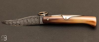 "Chasseur" pocket knife 10 cm blond horn and damascus blade by J. Mongin