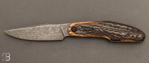  Couteau  " Kalisse SV " custom pliant de Michel Grini - Bois de cerf et lame en 14c28n