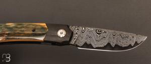    Couteau  "  Liner lock  "  custom par Guy Poggetti - Titane et Ivoire de mammouth - lame Damas