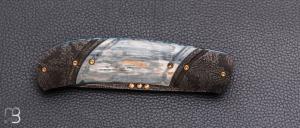    Couteau " liner-lock  " custom par Tony Karlsson - Ivoire de mammouth et lame damas mosaïque