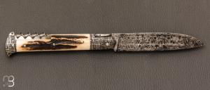  Couteau " Issoire 2 pièces " custom par David Breniere - Bois de cerf sambar et lame damas feuilleté