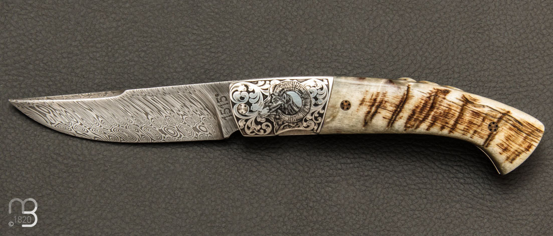 Couteau de poche 1515 édition limitée ''L'Approche au Mouflon'' lame Damas par Manu Laplace