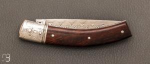 Couteau  "  Cran plat " custom damas et bois de fer d'Arizona par Claude Giraud