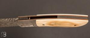  Couteau " Wharncliffe  " custom pliant par Milan Mozolic - Ivoire de mammouth et damas plume