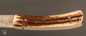  Couteau " liner lock " custom par Joël Grandjean - Bois de cerf et lame en damas