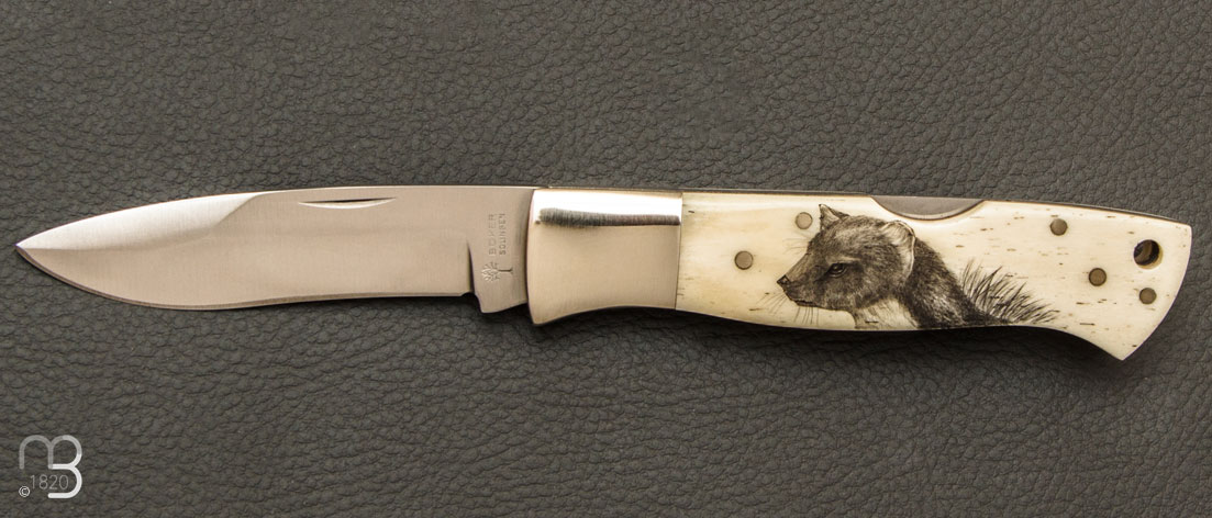 Couteau Böker Sollingen édition limitée 1998 - scrimshaw de Trompeter et Ritchi