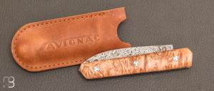Couteau  "  Montagnol " Loupe d'érable teintée et stabilisée et Damasteel par la Coutellerie Savignac