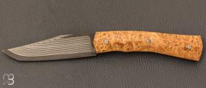    Couteau " Oiseleur  " pliant artisanal de Cyril Kalisz - Loupe de frne et Suminagshi SG2