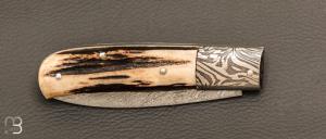    Couteau " Slipjoint " custom par Henri VIALLON - Bois de cerf et lame damas