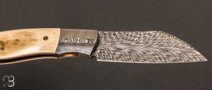  Couteau " Wharncliffe  " custom pliant par Milan Mozolic - Ivoire de mammouth et damas plume