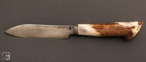     Couteau chasse bois de cerf et lame forgée par Jean Paul SIRE + étui cuir