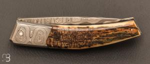 Couteau " custom " damas Styrefors et mammouth de Alain & Joris Chomilier