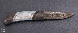    Couteau " liner-lock  " custom par Tony Karlsson - Ivoire de mammouth et lame damas mosaïque