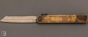 Couteau   Japonais Higonokami gravé par Mali Irie n°3 fleurs de prunier