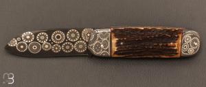  Couteau "  Bouledogue  " bois de cerf et damas mosaïque de Philippe Ricard