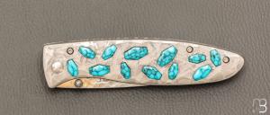  Couteau  " CFLE 18 " par Mcusta - Turquoise et Rainbow damas - Pièce Unique