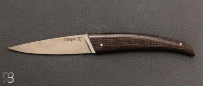    Couteau " L'Orque Lévitas " pliant par l'Atelier Les 2 Diables - Micarta jute marron et 14c28n