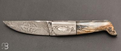    Couteau "Titan" de Stéphane Robin - Le Cellois - Os de Mégalocéros et lame damas mosaïque