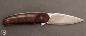 Couteau "  Flipper Liner lock " custom en loupe de bois de fer d'Arizona et damas suminagashi SGPS par Vincent Saja