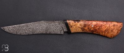     Couteau droit par Nicolas Mestrallet - Atelier du couteau de Vaunaveys - Lame forgée acier damas mosaïque et loupe d'amboine
