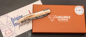 Couteau Laguiole en Aubrac modèle Origine Tour Eiffel N°61 - Croûte d'ivoire de mammouth et Damas Balbach