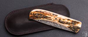    Couteau " Liner lock " pliant par Joël Grandjean - Ivoire de mammouth et lame en damas "plume"