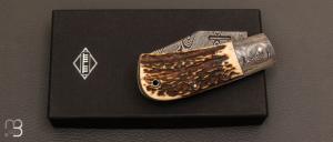 Couteau " Baby " custom - bois de cerf et damas par Franck Souville