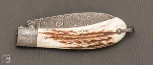    Couteau "  Bombé " custom de Jérôme Bellon - Bois de cerf et damas