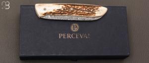    Couteau de poche modèle  " L08 " par Perceval - Damas et Bois de cerf