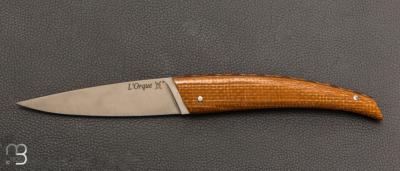    Couteau " L'Orque Lévitas " pliant par l'Atelier Les 2 Diables - Micarta jute moutarde et 14c28n