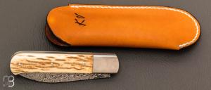 Couteau  "  Slipjoint " custom par Karim Valentin - Les couteaux D'Hure - Ivoire de mammouth et lame en damas multi-barreaux 