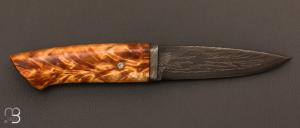  Couteau fixe à lame forgée acier damas et fourche de peuplier stabilisé par Jean Paul Sire + étui cuir sur mesure
