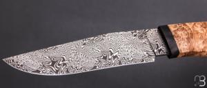     Couteau droit par Nicolas Mestrallet - Atelier du couteau de Vaunaveys - Lame forgée acier damas mosaïque et loupe d'amboine