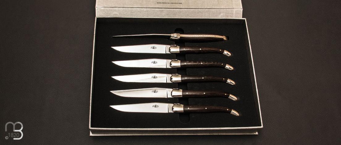 Coffret de 6 couteaux de table LAGUIOLE manches en frêne densifié lame brillante par Forge de Laguiole