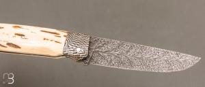    Couteau " Lock back " custom par Karim Valentin - Les couteaux D'Hure - Ivoire de mammouth et lame en damas plume