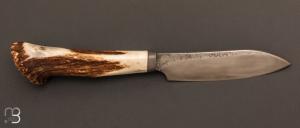 Couteau chasse bois de cerf et lame forgée par Jean Paul SIRE + étui cuir