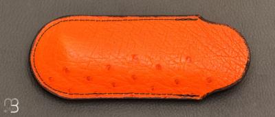 Etui cuir d'autruche / veau pour couteau pliant fait main par Chantal Trocmé - Orange