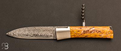 Couteau Vercors G.R. bouleau madré stabilisé et lame damas et tire-bouchon